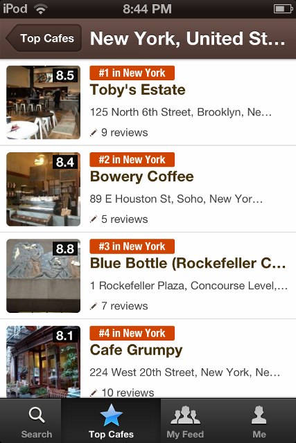 View a list of nearby coffee shops and cafes