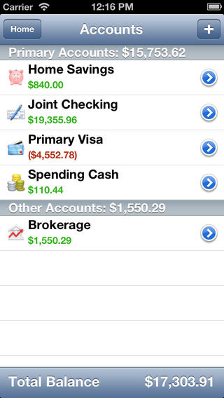 iBank Mobile categorize your accounts