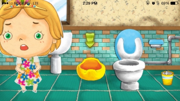 Little girl with arrow to click to send to potty