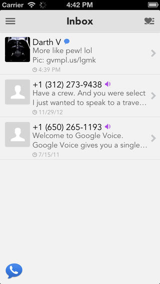 GV Mobile + 3 for Google Voice easy inbox access