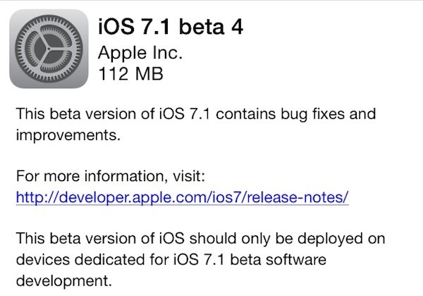Apple provides iOS 7.1 beta 4 to developers
