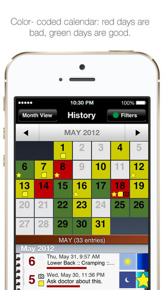 My Pain Diary color code your calendar to show good and bad days